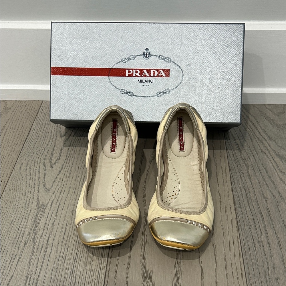 Prada Women's ivory and gold Metallic Ballet Flats - authentic